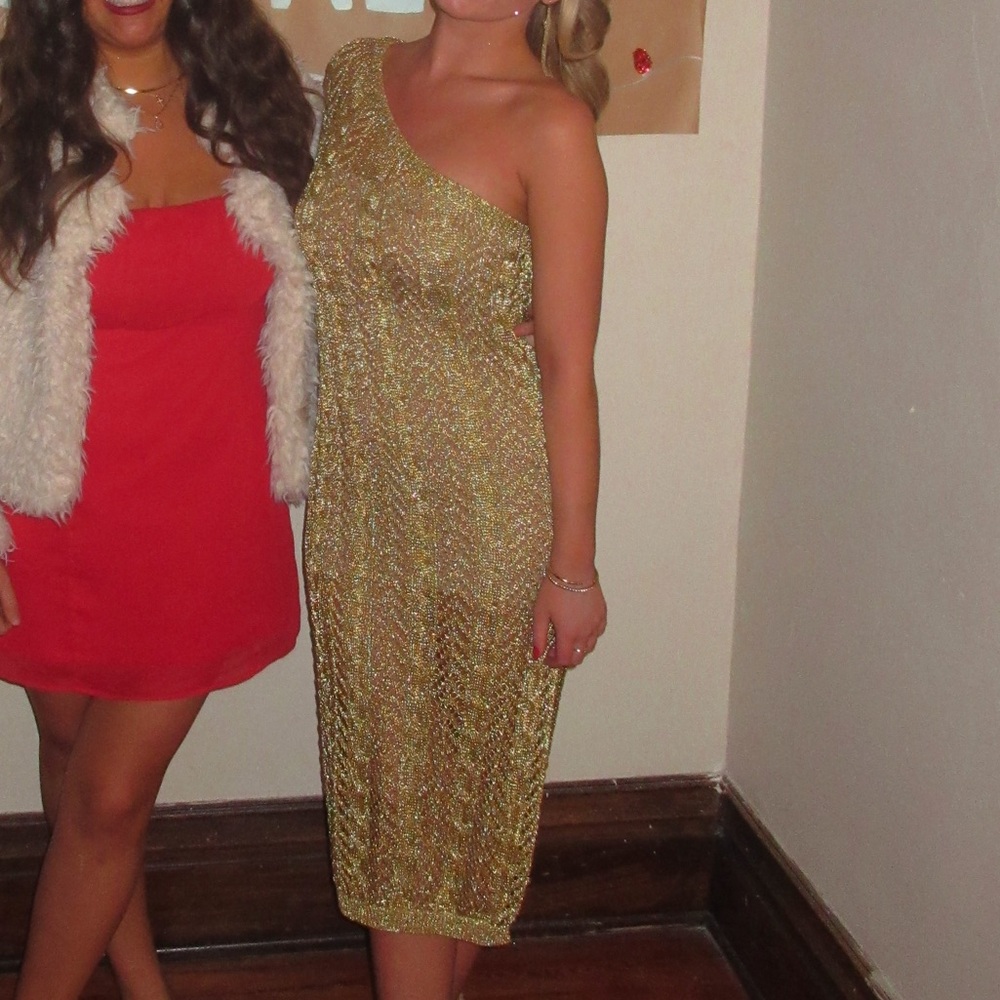 Anthropologie Maeve Gold One-Shoulder Sequin Midi Dress